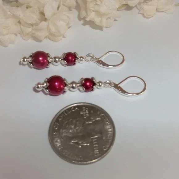 Pearl Earrings Red and Silver Beaded Dangle Drop Jewelry Set Pair NWT Gift 7350 - Picture 5 of 8